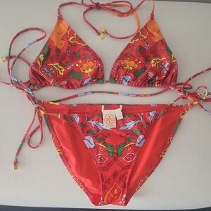 Tory Burch Red Cat Multicolor Floral Bikini And Rash Guard. 3 Piece Set.